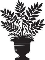Black silhouette of a plant with leaves in a decorative pot on a white background isolated art vector