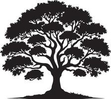 A detailed silhouette of a large deciduous tree with a full canopy and visible root system base vector