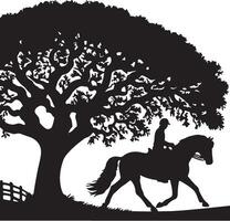 Silhouette of a horse and rider under a large tree with a fence in the background in black and white vector