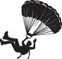 Silhouette illustration of a skydiver with a parachute against a white background in monochrome style vector
