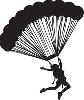 Silhouette of a person skydiving with a parachute against a white background in monochrome art vector
