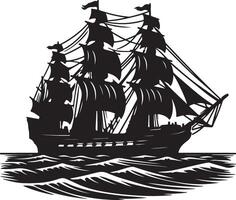 A silhouette of a large sailing ship with multiple sails on a wavy sea against a white background vector