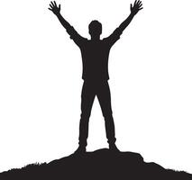 Silhouette of a person standing on a hill with arms raised against a white background, full body shot vector