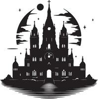 A black and white silhouette of a gothic cathedral with a moon and stars in the background vector