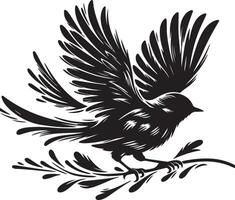 A black and white illustration of a bird perched on a branch with its wings spread wide open vector