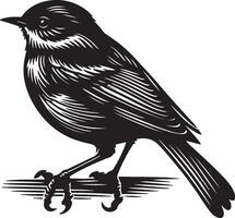 A stylized black and white illustration of a bird perched on a branch with detailed linework vector