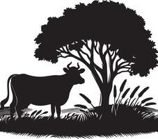 A black and white silhouette of a cow standing in a field next to a large tree illustration vector