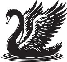 A striking black and white illustration of a swan with its wings spread on water ripples design vector