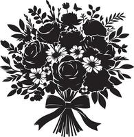 A silhouette of a bouquet of flowers including roses daisies and other greenery tied with a bow vector