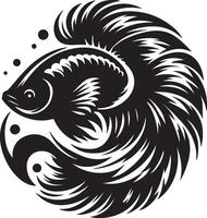 A black and white illustration of a betta fish with flowing fins and bubbles in a circular design vector