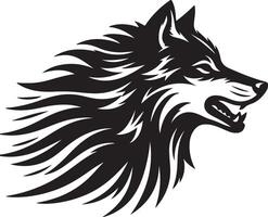 A striking black and white illustration of a wolf's head with an aggressive and fierce expression vector