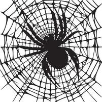A black silhouette of a spider sitting in the middle of a detailed spiderweb on a white background vector