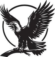 An illustration of a black and white eagle perched on a branch with wings spread wide open design vector
