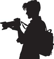 Silhouette of a man holding a camera, wearing a backpack, and looking to the left side view image vector