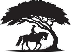 Silhouette of a cowboy riding a horse under a large tree with grass at the base in black and white vector