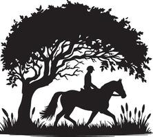 Silhouette of a horse and rider under a large tree with tall grass in a black and white scene vector
