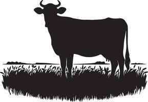 Silhouette of a cow standing in a field of tall grass against a white background landscape view vector