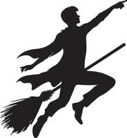 Silhouette of a person in a robe riding a broomstick while pointing upwards on a white background vector