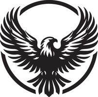 A black and white graphic design of an eagle with wings spread inside a broken circle shape vector