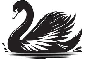 A stylized black swan with prominent wings floating on rippled water in a minimalist vector