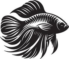 A stylized black and white illustration of a betta fish with flowing fins and detailed patterns vector