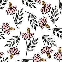 Seamless floral pattern with whimsical pink flowers and striped yellow centers - hand-drawn botanical background perfect for spring fabric, wrapping paper, stationery, and kids design projects. vector