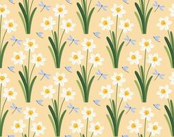 Seamless pattern with white daffodils and dragonflies. Hand drawn illustration for wrapping paper, textile, fabric. vector