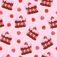 Seamless pattern with a piece of cake and strawberries in pixel style. Hand drawn illustration for wrapping paper, textile, fabric. vector