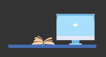 illustration of an office desk setup with a laptop, ergonomic chair, and a side lamp, creating a clean, modern workspace ideal for productivity, remote work vector