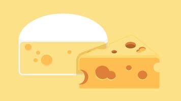 Stylized illustration of cheese varieties on a yellow background. Features white and yellow cheese wedges with holes of different sizes, showing Swiss and cheddar like textures. vector