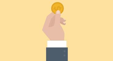 Flat design illustration of a hand holding a coin, showcasing the coin's details and the gesture of giving or receiving, with a clean and minimalist style against a solid background. vector