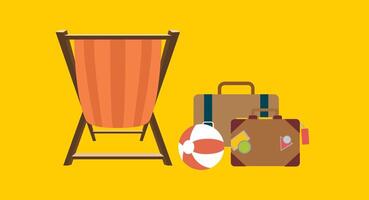 Flat design illustration of a beach chair with bags and a colorful beach ball beside it, creating a relaxed and vacation-ready vibe on a solid background, symbolizing summer fun and leisure. vector