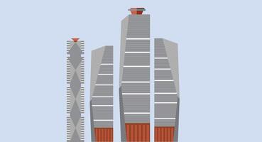 Flat design illustration of isolated cityscape buildings, showcasing modern urban architecture in a clean, minimal style, emphasizing skyline silhouettes and city living on a solid background. vector
