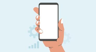Flat design illustration of a hand holding a smartphone, screen facing forward, representing mobile technology, communication, connectivity, and modern digital interaction on a solid background. vector