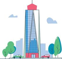 Flat design illustration of a skyscraper surrounded by trees and cars, symbolizing urban development, city life, and modern architecture with a clean and vibrant cityscape style. vector