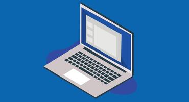 Isometric flat design illustration of an open laptop, angled to show keyboard and screen, representing technology, digital workspace, and modern computing on a clean solid background. vector