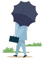 Flat design illustration of a man holding an umbrella and carrying a suitcase while walking in the streets, symbolizing travel, city life, and rainy weather in a modern and minimal style. vector