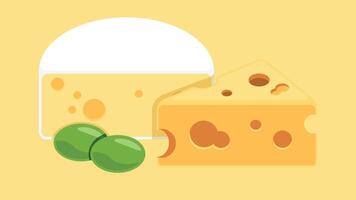 Stylized illustration of different types of cheese with green olives on a yellow background. Features white and yellow cheese wedges with holes and two glossy green olives. vector