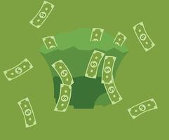 Flat design illustration of money bank notes falling from the top, symbolizing wealth, abundance, financial gain, and success in a bold and dynamic visual style. vector