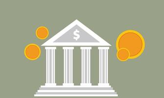 Flat design illustration of a bank building surrounded by gold coins, symbolizing savings, financial security, wealth management, and economic growth in a clean and professional style. vector