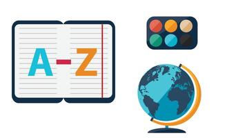 Stylized illustration of education items on a white background. Features an open book with A Z text, a watercolor paint palette with six colors, and a blue globe with orange stand. vector