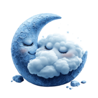Dreamy crescent moon character hugging a fluffy cloud with closed eyes on a transparent background Concept of bedtime, sleep, and sweet dreams for children png