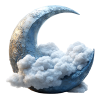 Dreamy crescent moon cradling fluffy white clouds on a transparent background, evoking a celestial and whimsical concept of night and fantasy png