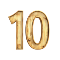 Wooden textured number ten on a transparent background Concept of anniversary, countdown, and rustic design element png