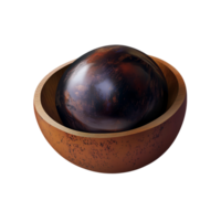 Abstract sphere with dark brown texture inside a wooden bowl on a transparent background Concept of minimalist design, decorative object, and modern art png