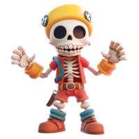 Cartoon skeleton character wearing construction helmet with open arms on transparent background Concept of Halloween, fantasy, and animation png
