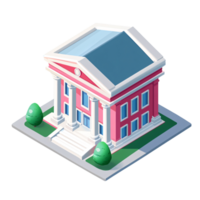 Isometric pink courthouse building with white columns and blue windows, representing government, justice, and civic architecture on a transparent background png