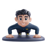 Cartoon man doing pushups on a platform with a smile, showcasing fitness and exercise routine in a 3D rendering on a transparent background png