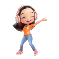Cheerful cartoon girl with headphones listening to music and dancing with joy on a transparent background Concept of happiness, entertainment, and childhood png