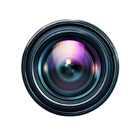 Professional camera lens with intricate details and colorful reflections on a transparent background, showcasing optical technology and photographic equipment png